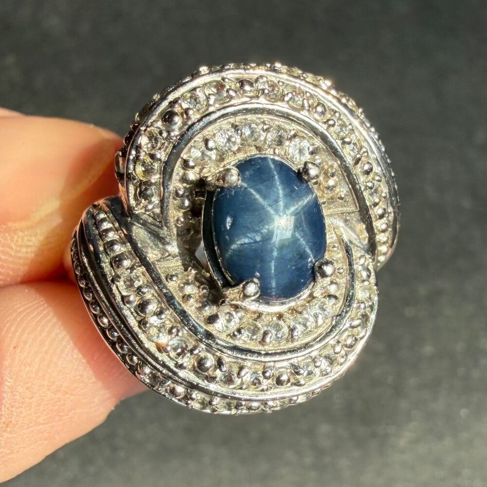 Sterling Silver Blue Star Sapphire & White Topaz Halo Ring Size 11, Statement